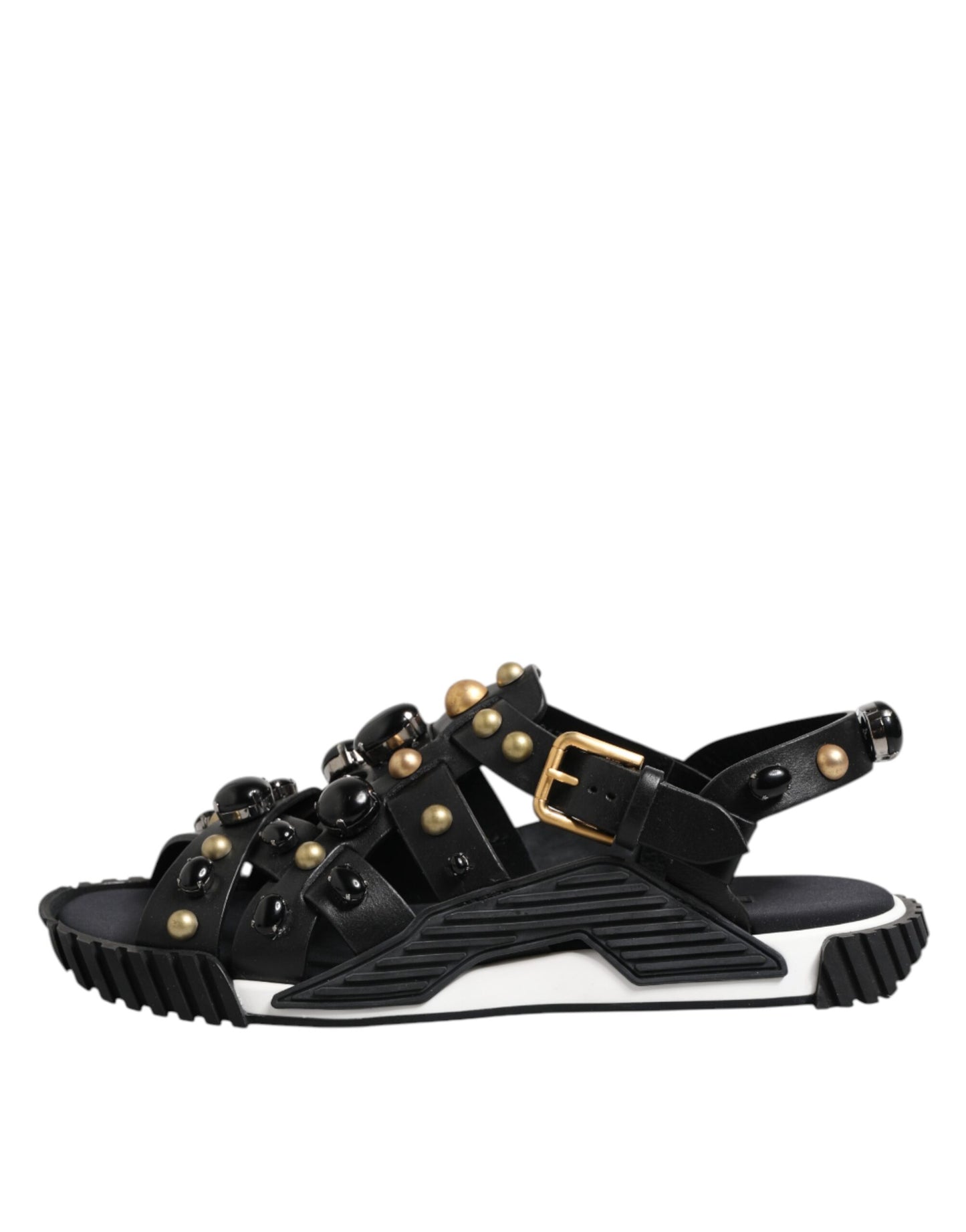 Schwarze Sandalen aus Leder mit Knöchelriemen und Nieten