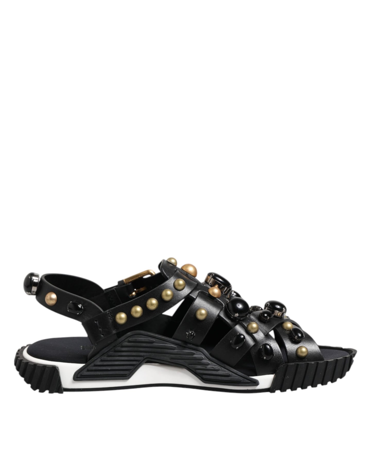Schwarze Sandalen aus Leder mit Knöchelriemen und Nieten