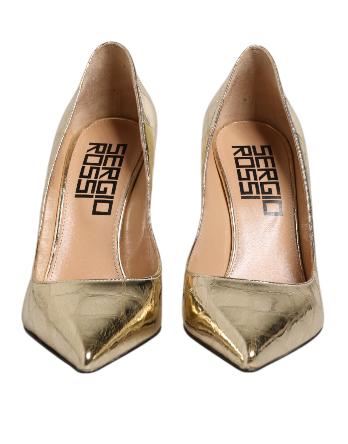 Goldfarbene Lederschuhe mit spitzer Zehenpartie und Blockabsatz