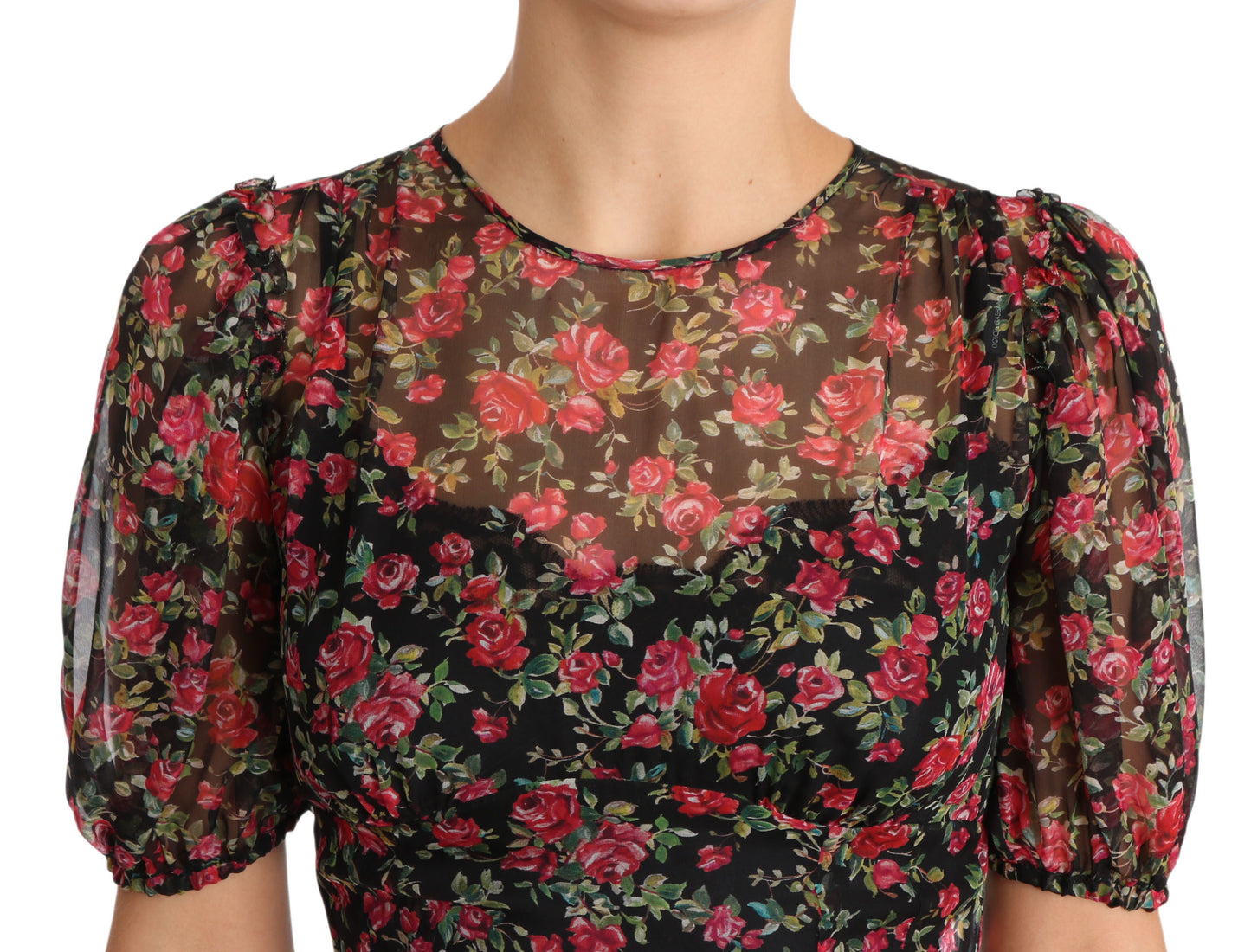 Schwarzes A-Linien-Etuikleid mit Blumenmuster und Rosen