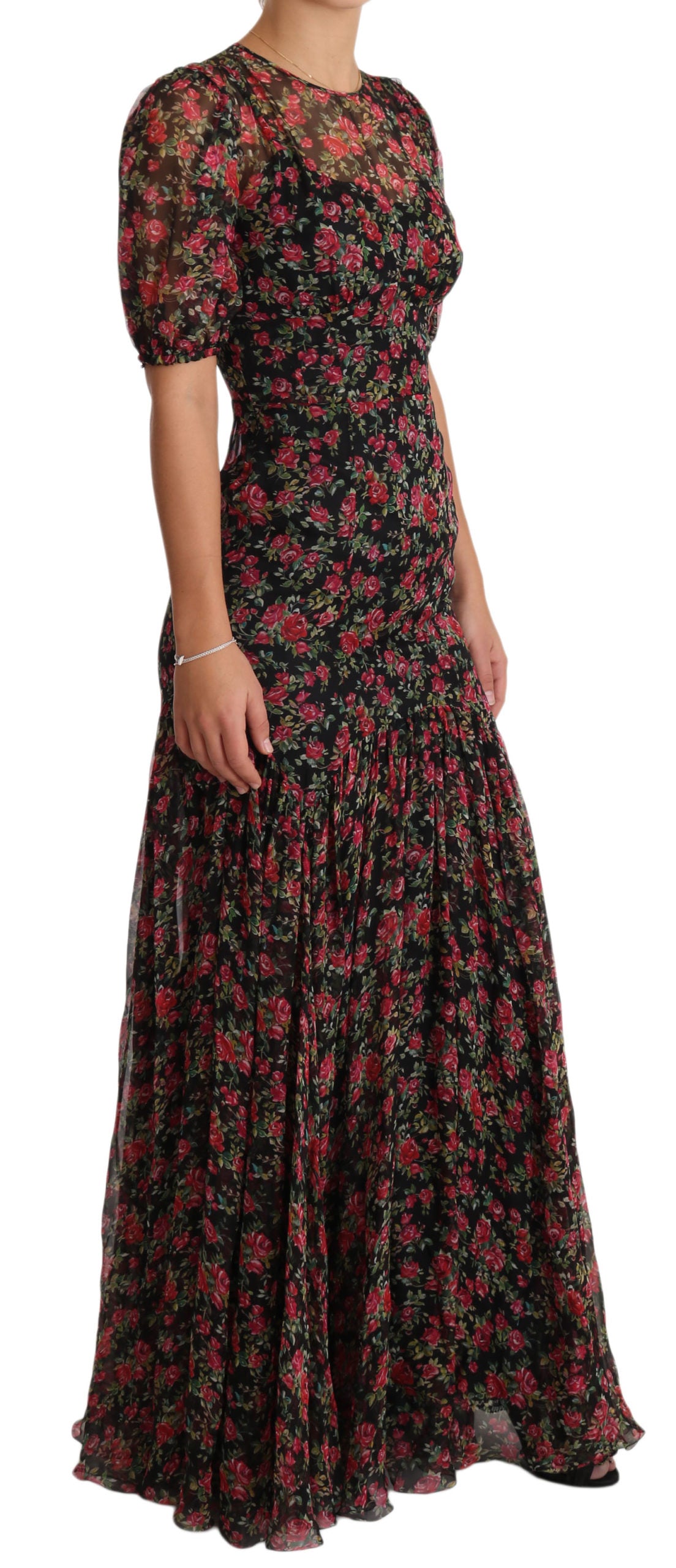 Schwarzes A-Linien-Etuikleid mit Blumenmuster und Rosen