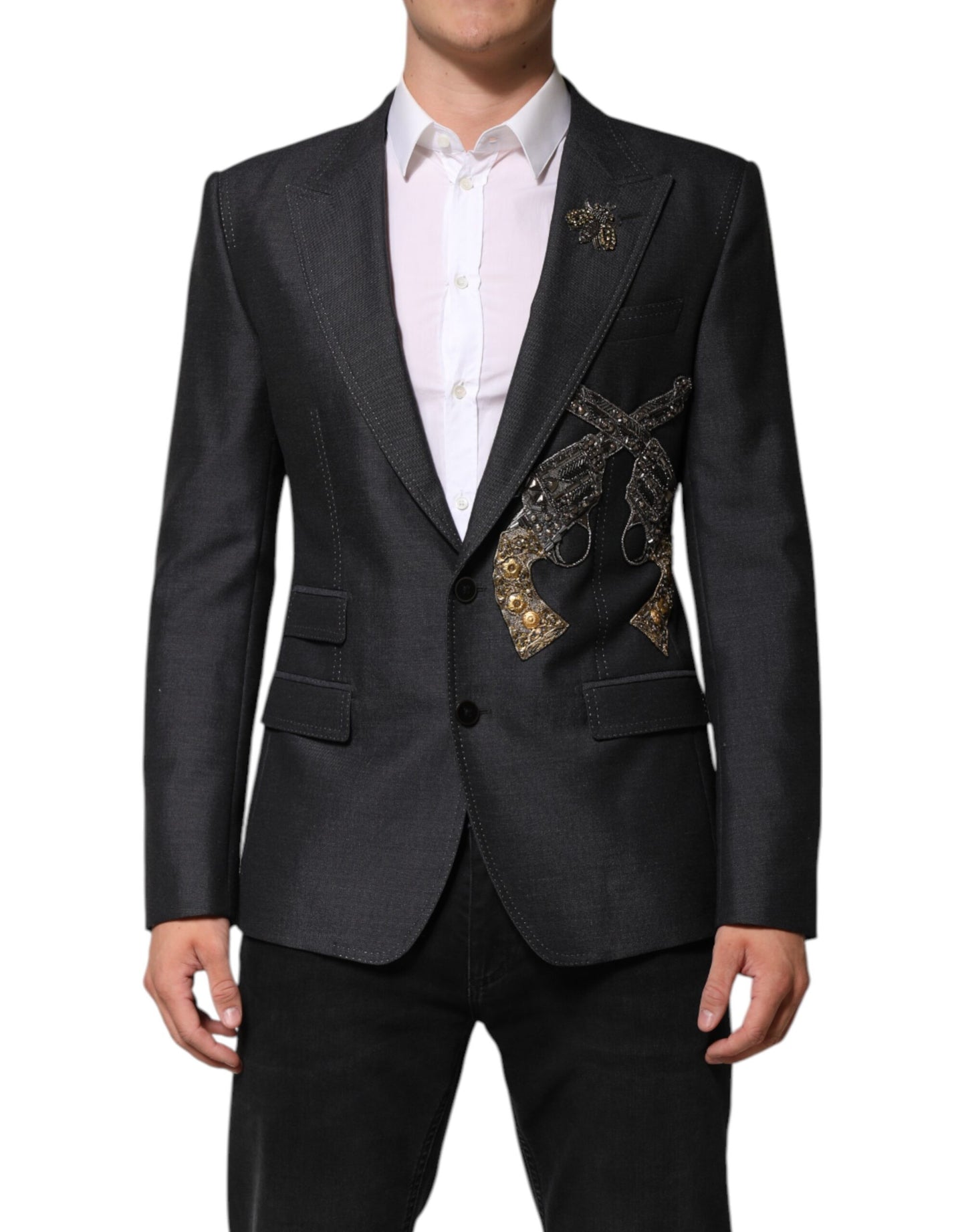 Dunkelgrauer Wollmantel-Blazer mit Bienenstickerei