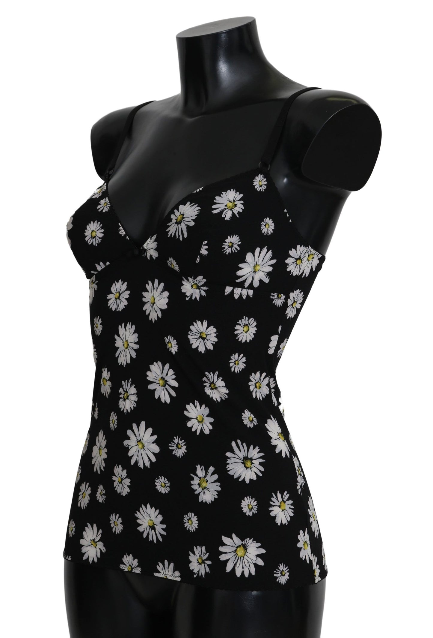 Schwarzes Dessous-Chemisole-Kleid mit Gänseblümchen-Print