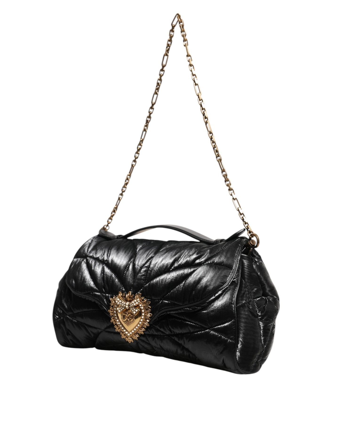 Schwarze Devotion Satchel-Tasche aus gestepptem Nylon mit Kettenriemen
