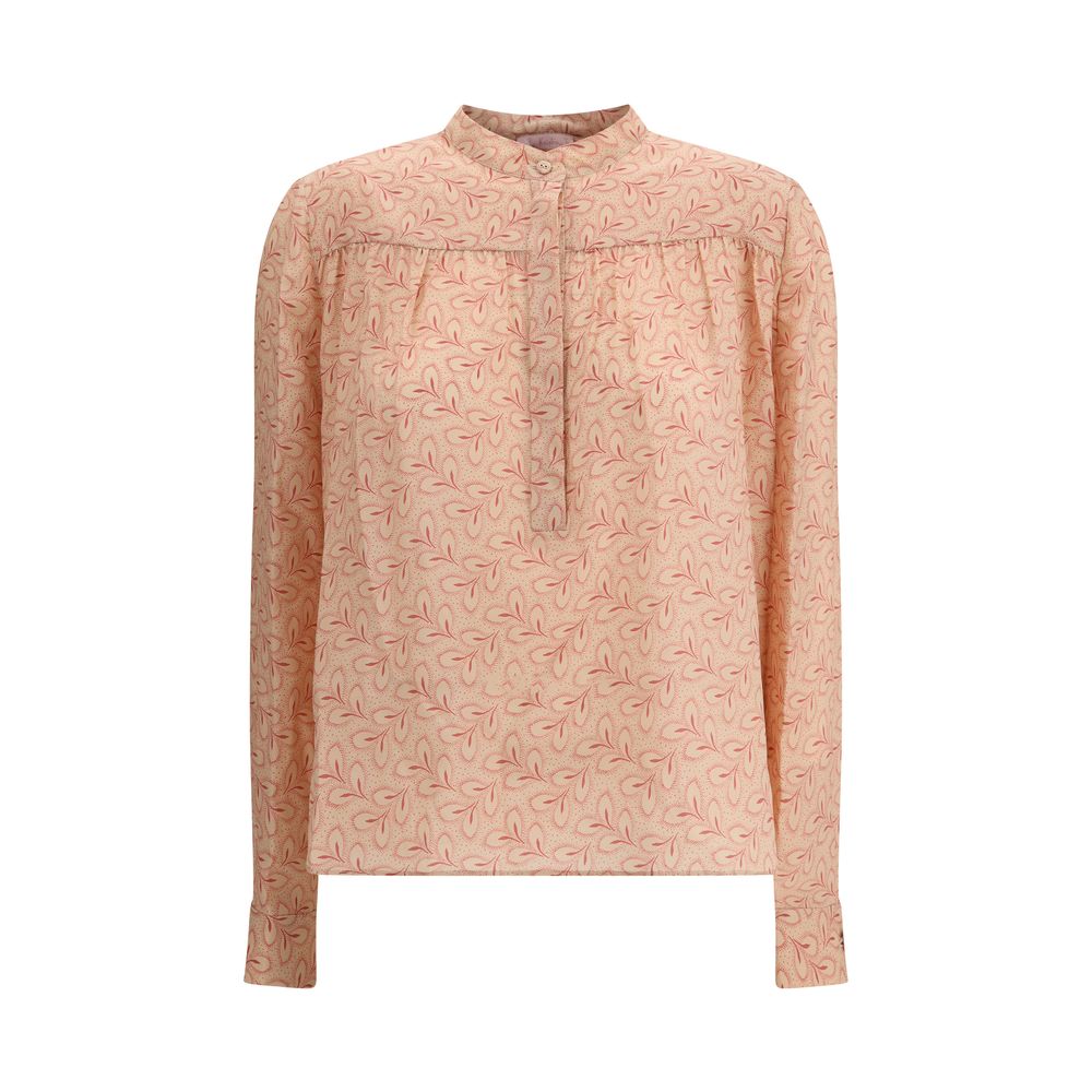 Bluse mit Laubprint und raffiniertem Stehkragen
