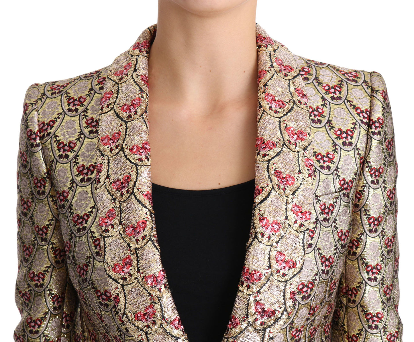 Blazer-Manteljacke mit goldenen Blumenmustern und Pailletten