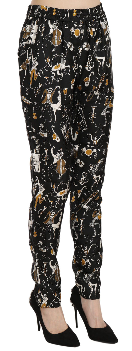 Schwarze Karottenhose mit hohem Bund und Jazz Club-Print