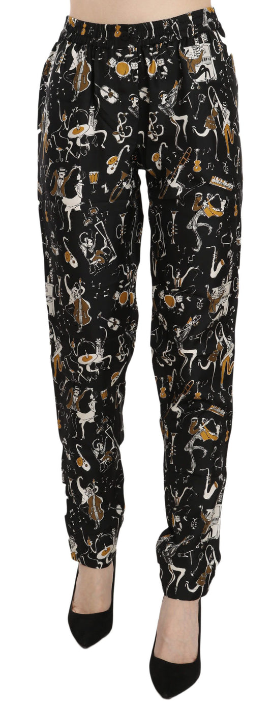 Schwarze Karottenhose mit hohem Bund und Jazz Club-Print