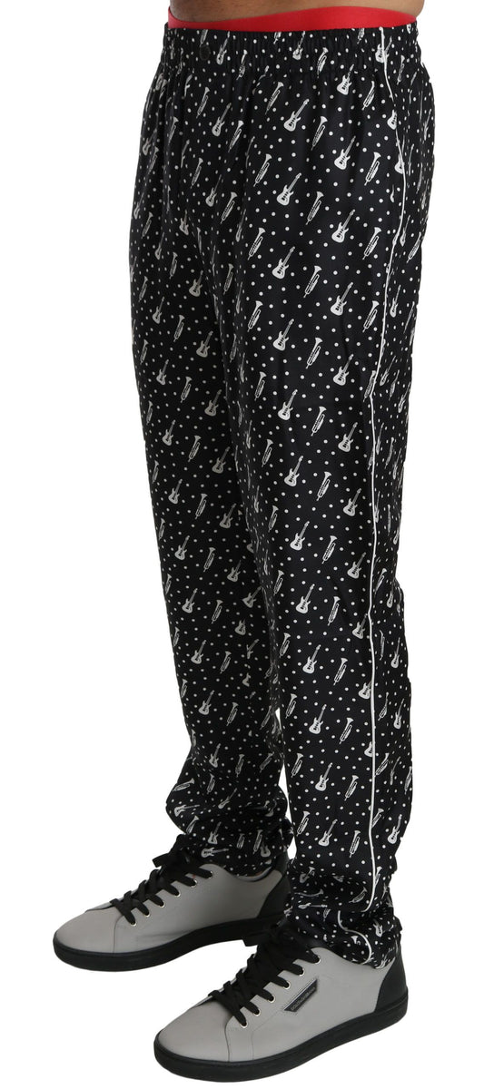 Schwarze Seidenhose mit Musikinstrumenten