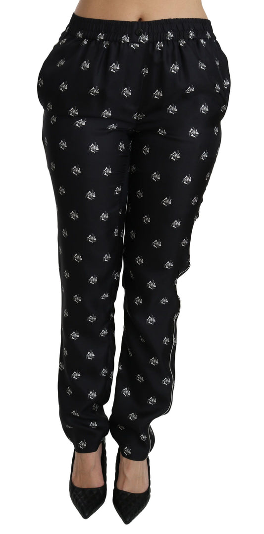 Schwarze, bedruckte Skinny-Hose aus Seide mit mittlerer Taille