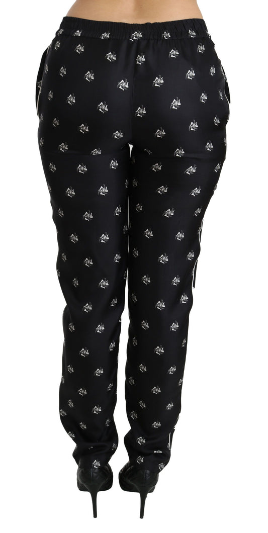 Schwarze, bedruckte Skinny-Hose aus Seide mit mittlerer Taille
