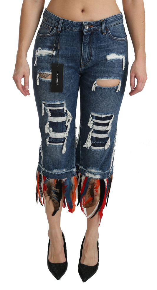 Blaue, verkürzte Jeans aus Baumwolle mit niedriger Taille und Federn