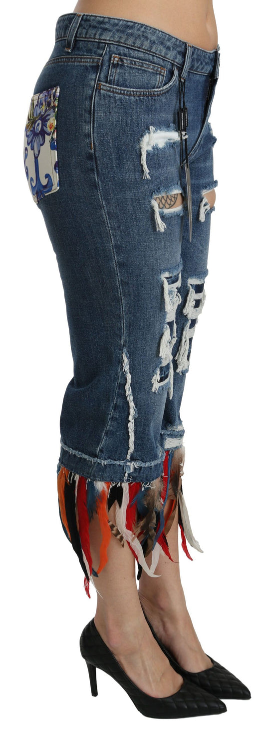Blaue, verkürzte Jeans aus Baumwolle mit niedriger Taille und Federn
