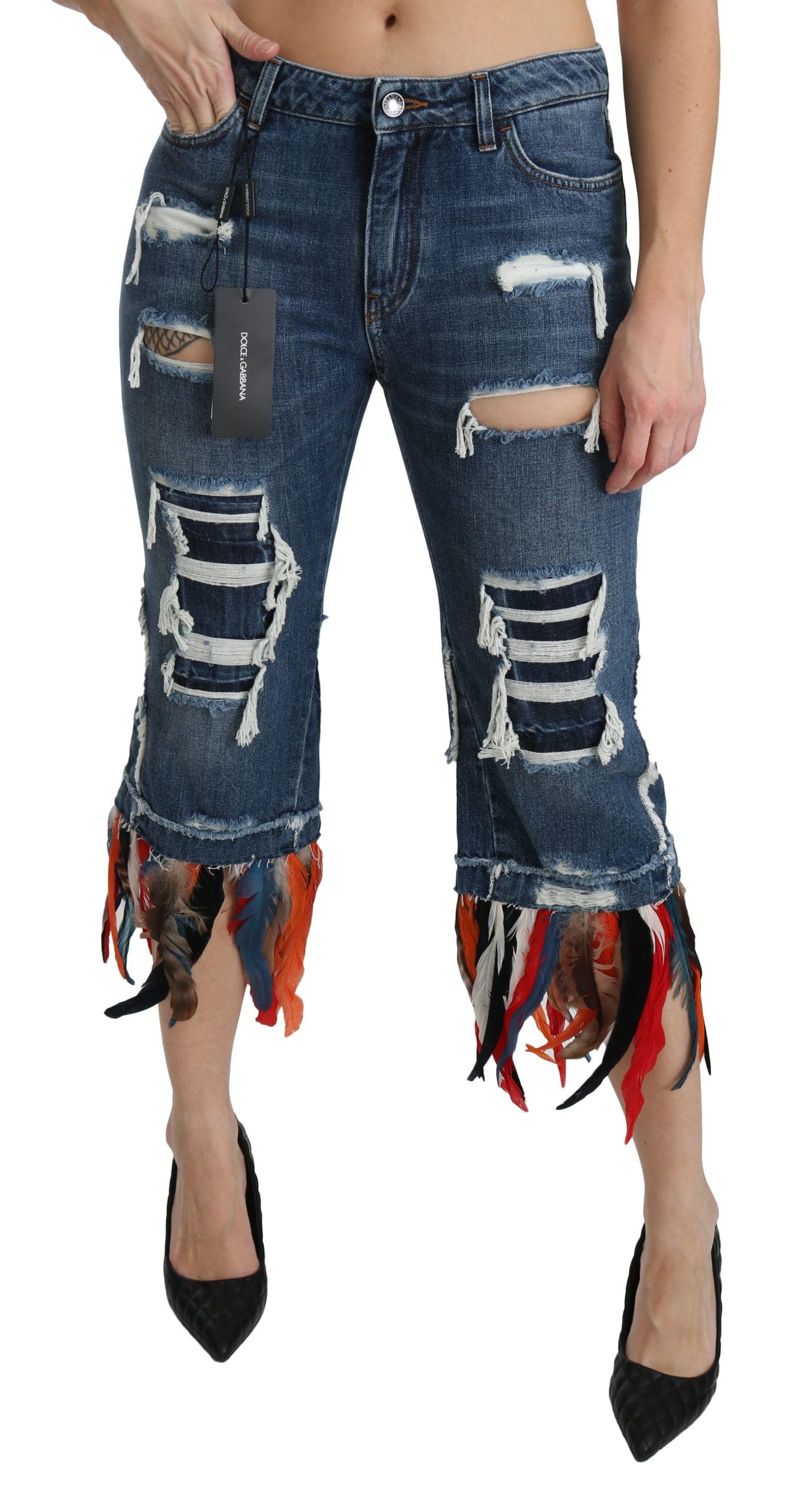 Blaue, verkürzte Jeans aus Baumwolle mit niedriger Taille und Federn