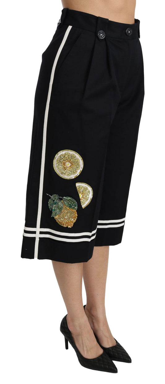 Schwarze, zitronenverzierte Palazzo-Shorts