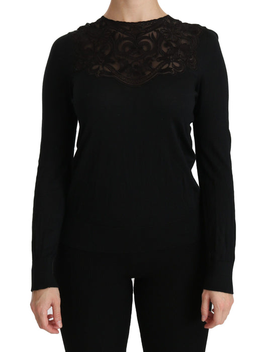 Schwarze Bluse mit Rundhalsausschnitt und langen Ärmeln aus Seidenspitze