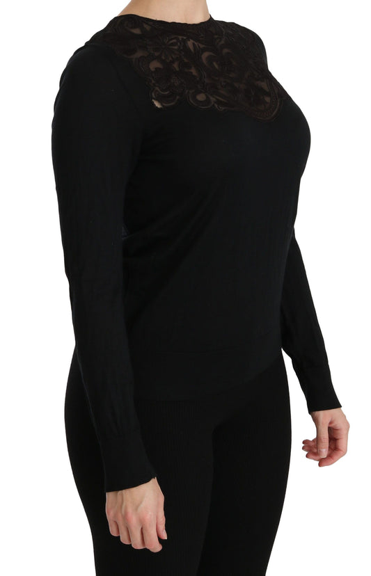 Schwarze Bluse mit Rundhalsausschnitt und langen Ärmeln aus Seidenspitze