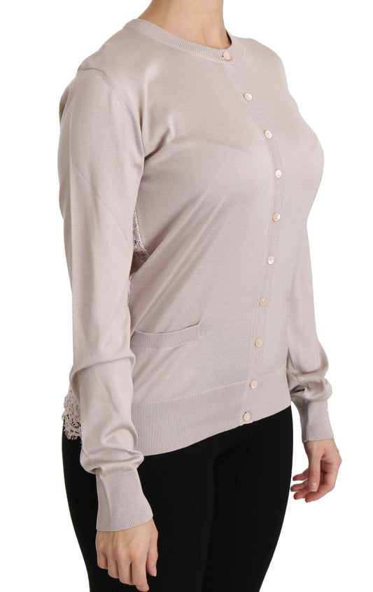 Seidenrosa Langarmpullover mit Spitzenoberteil