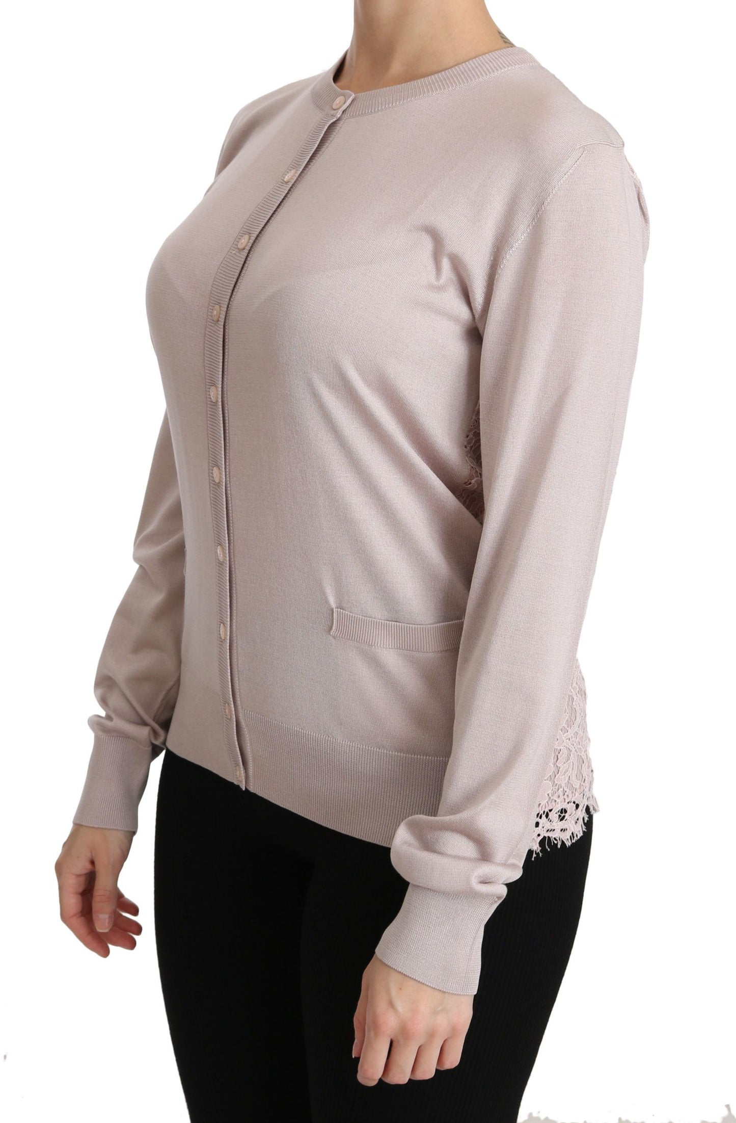 Seidenrosa Langarmpullover mit Spitzenoberteil