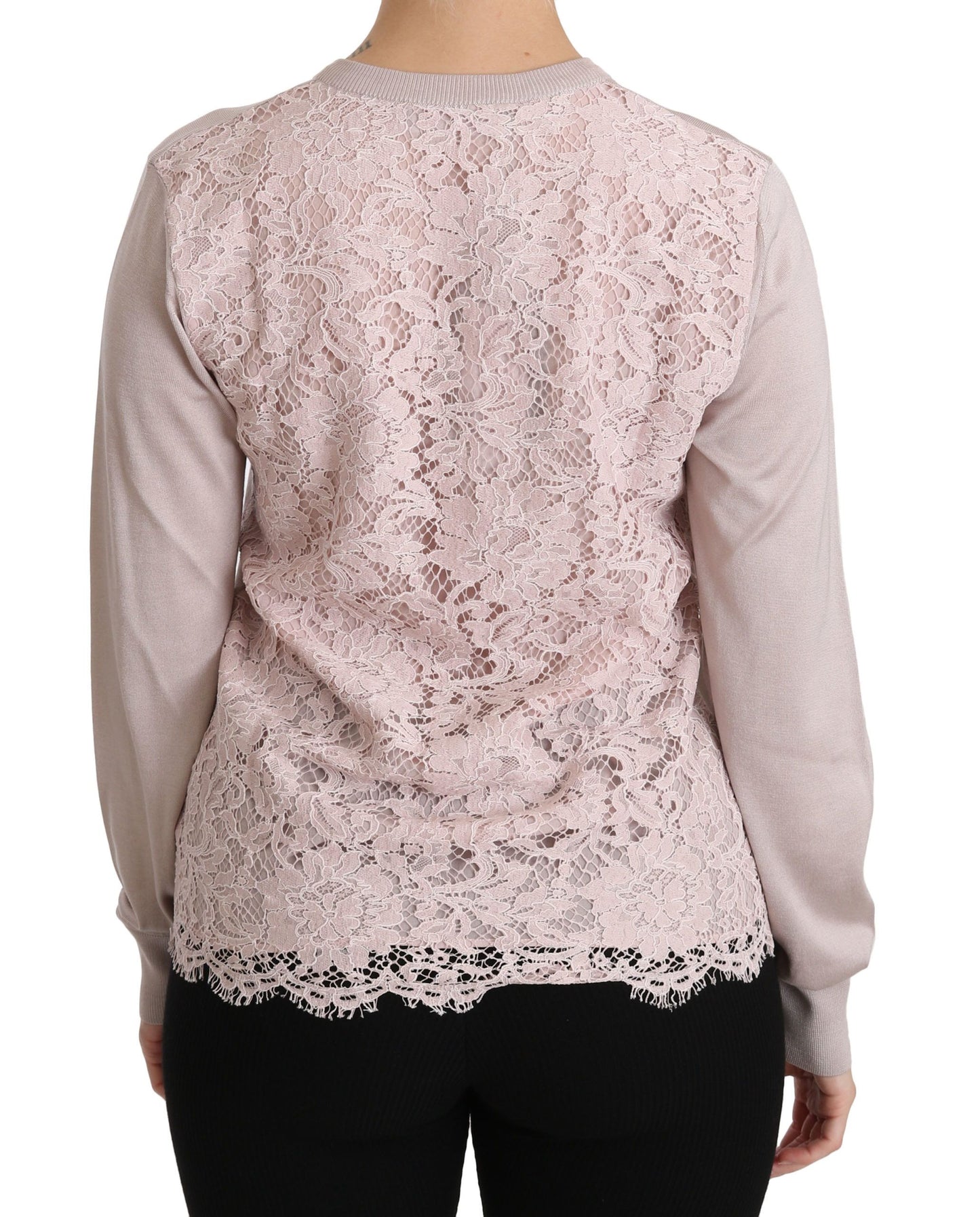Seidenrosa Langarmpullover mit Spitzenoberteil