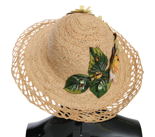 Beigefarbener Capello-Bucket-Hut mit Blumenmuster und breiter Krempe