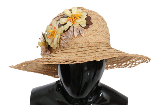 Beigefarbener Capello-Bucket-Hut mit Blumenmuster und breiter Krempe