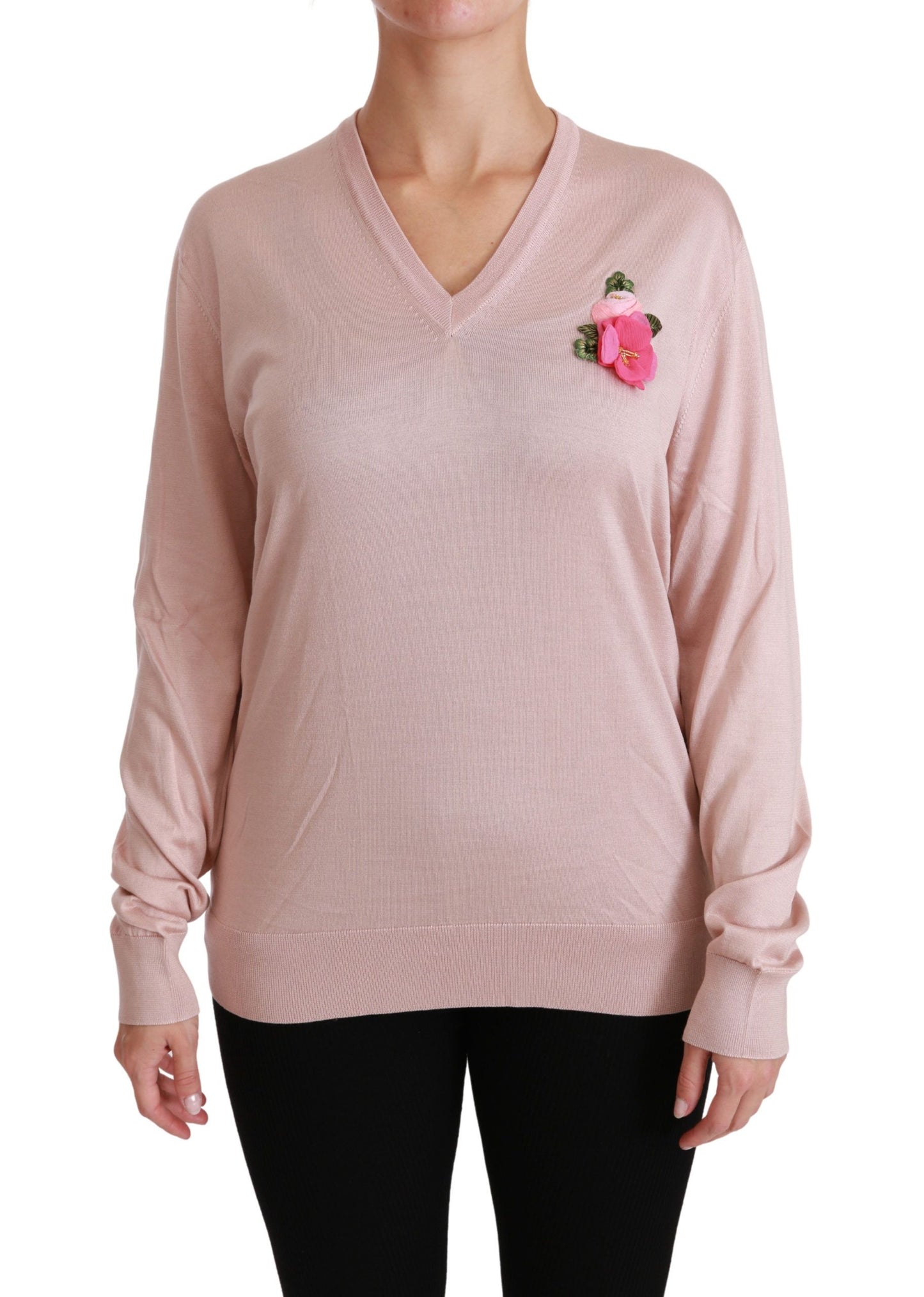 Rosa Pullover aus Seide mit Blumenverzierung