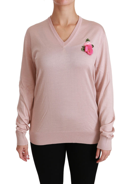 Rosa Pullover aus Seide mit Blumenverzierung