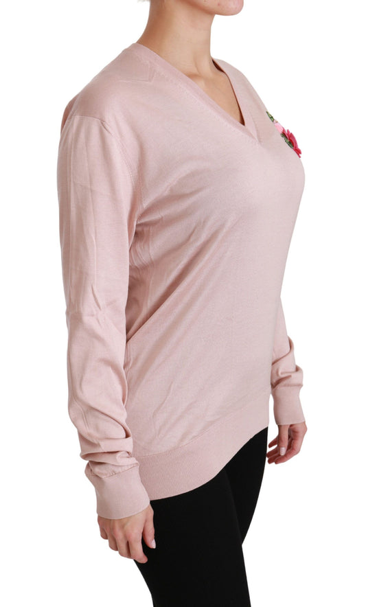 Rosa Pullover aus Seide mit Blumenverzierung