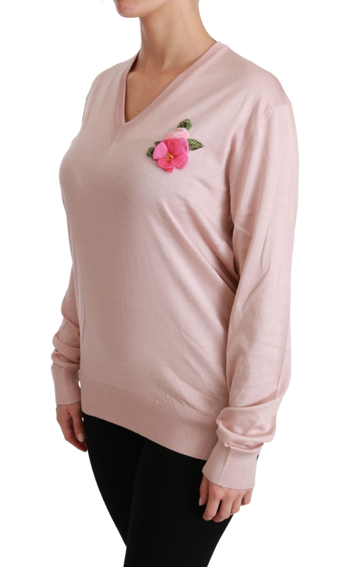 Rosa Pullover aus Seide mit Blumenverzierung