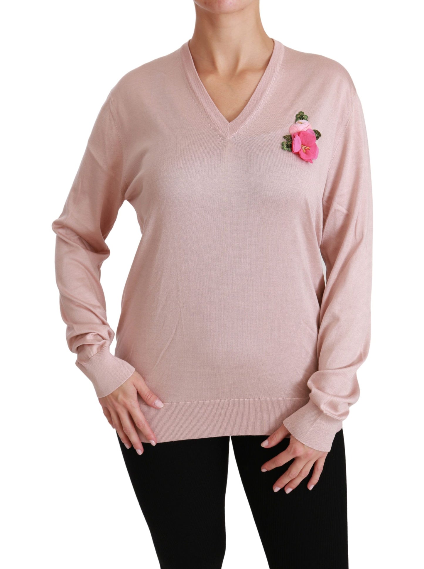 Rosa Pullover aus Seide mit Blumenverzierung