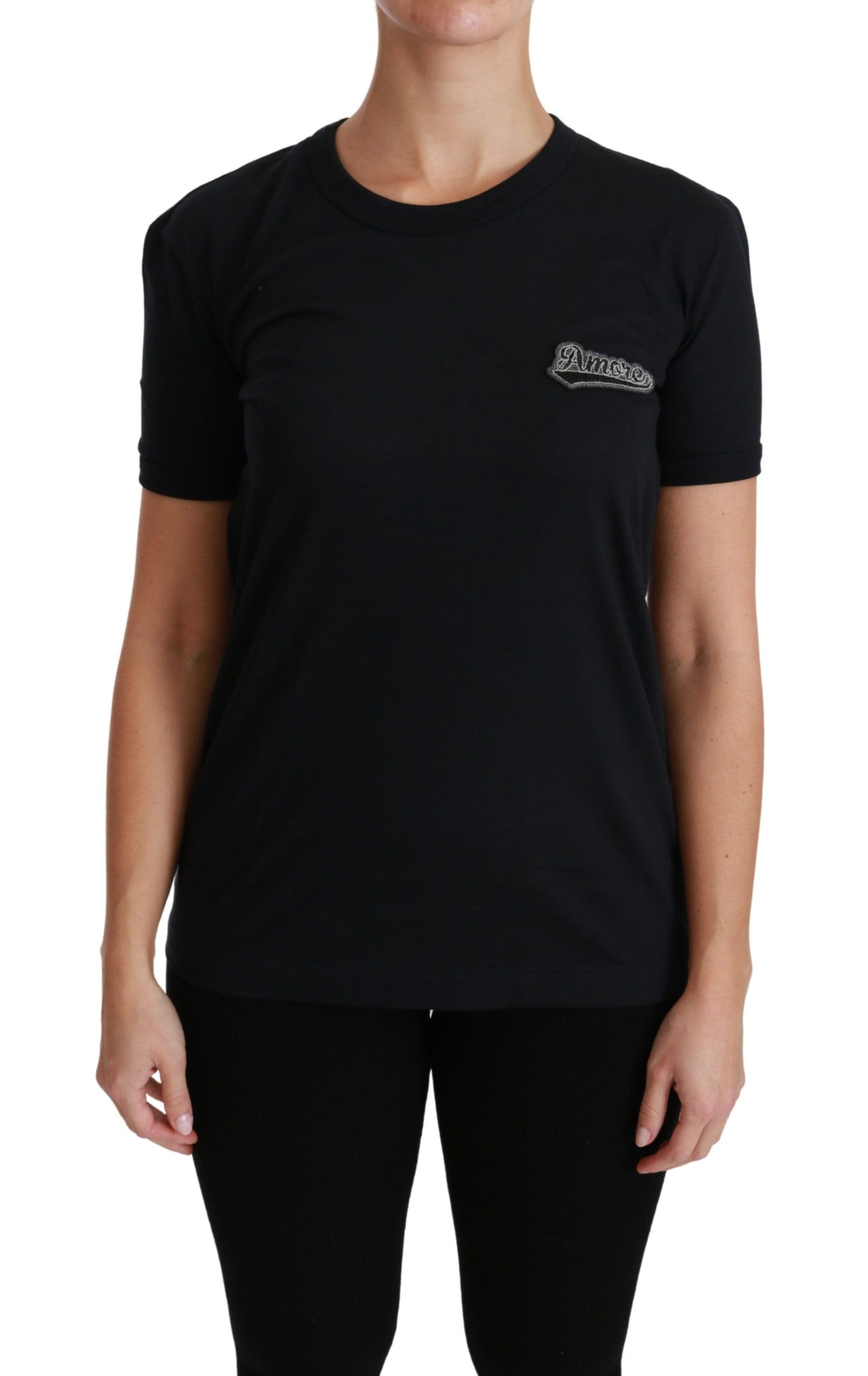 Blaues T-Shirt aus Baumwolle mit Rundhalsausschnitt und Amore-Patch