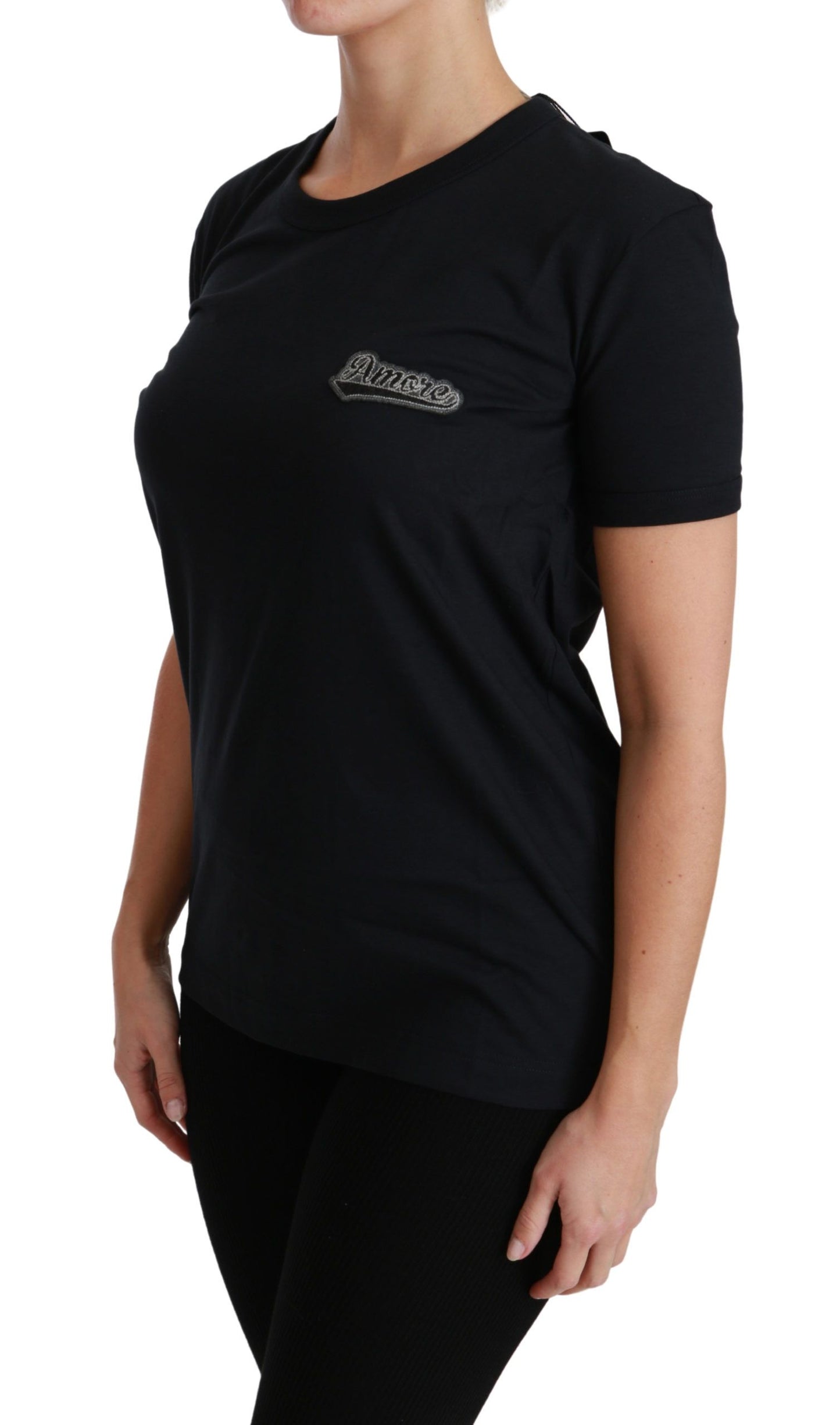 Blaues T-Shirt aus Baumwolle mit Rundhalsausschnitt und Amore-Patch