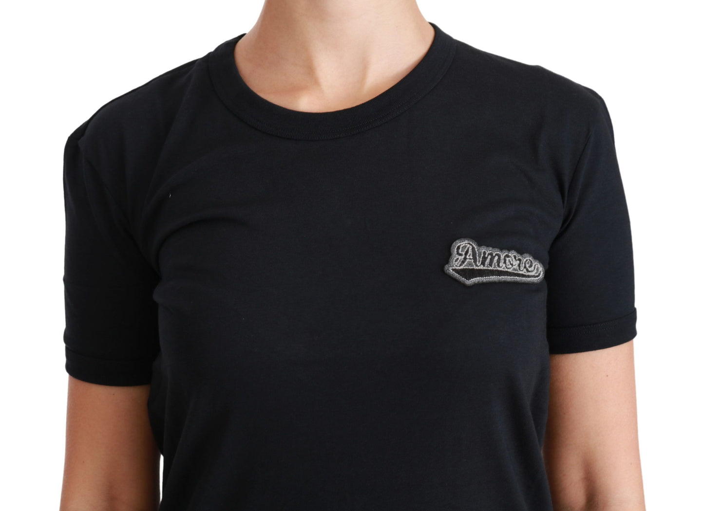 Blaues T-Shirt aus Baumwolle mit Rundhalsausschnitt und Amore-Patch