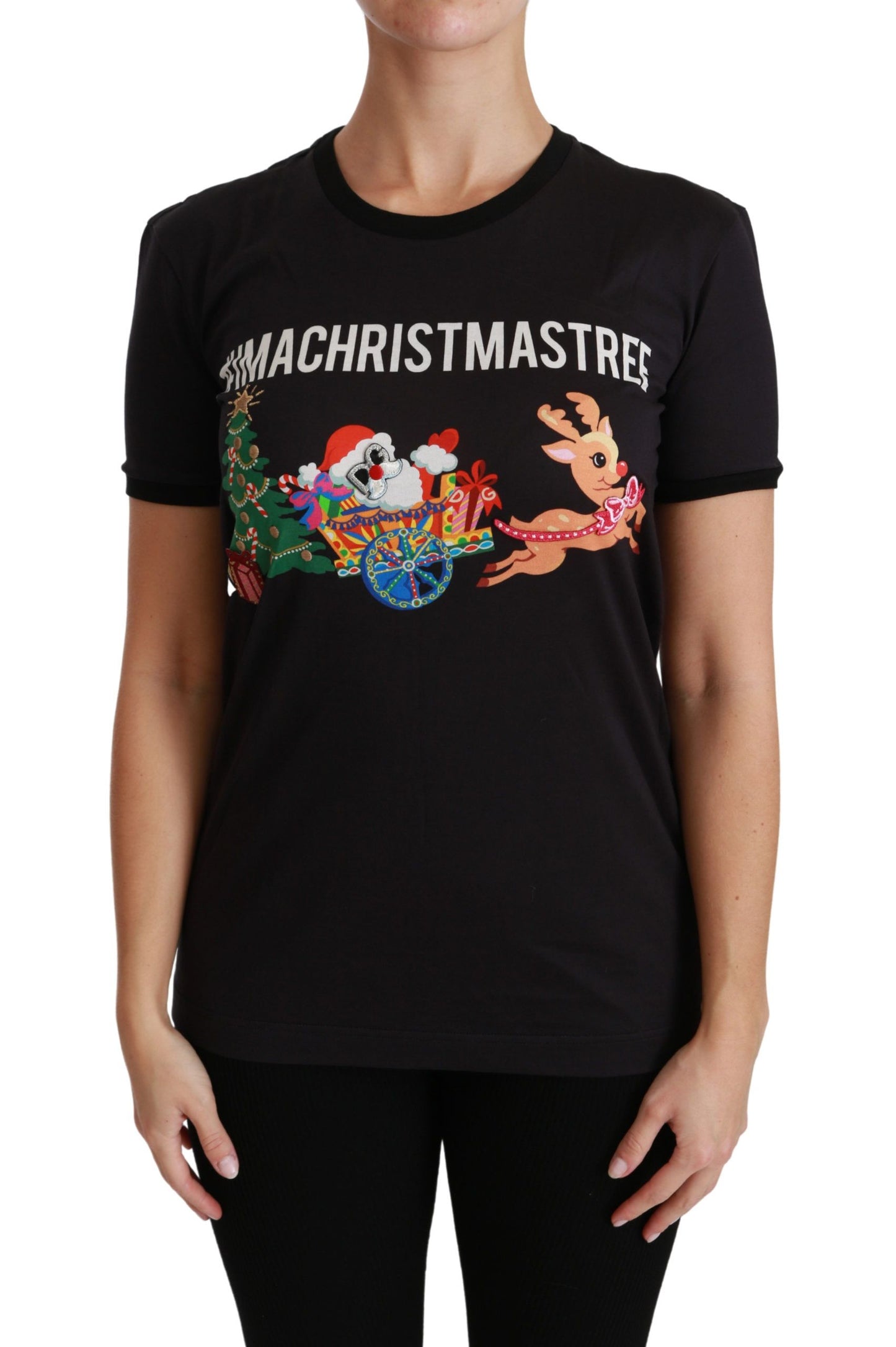 Schwarzes T-Shirt mit Rundhalsausschnitt „#ImAChristmasTree“