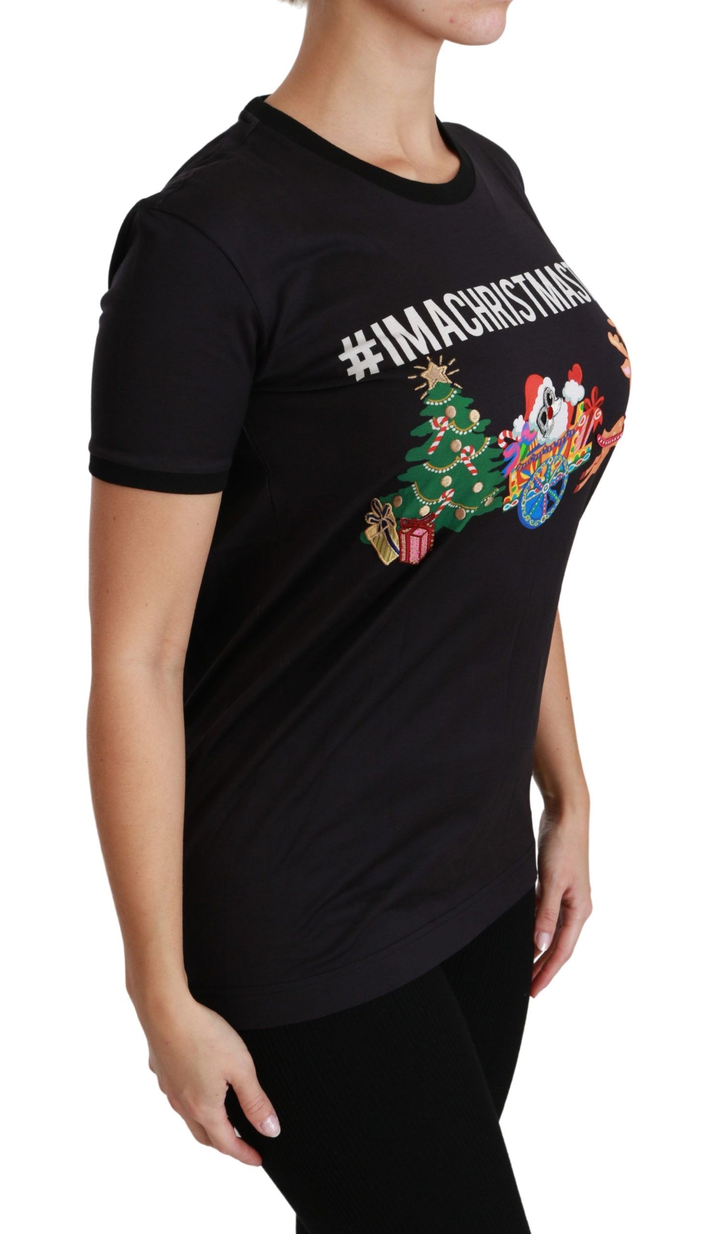 Schwarzes T-Shirt mit Rundhalsausschnitt „#ImAChristmasTree“