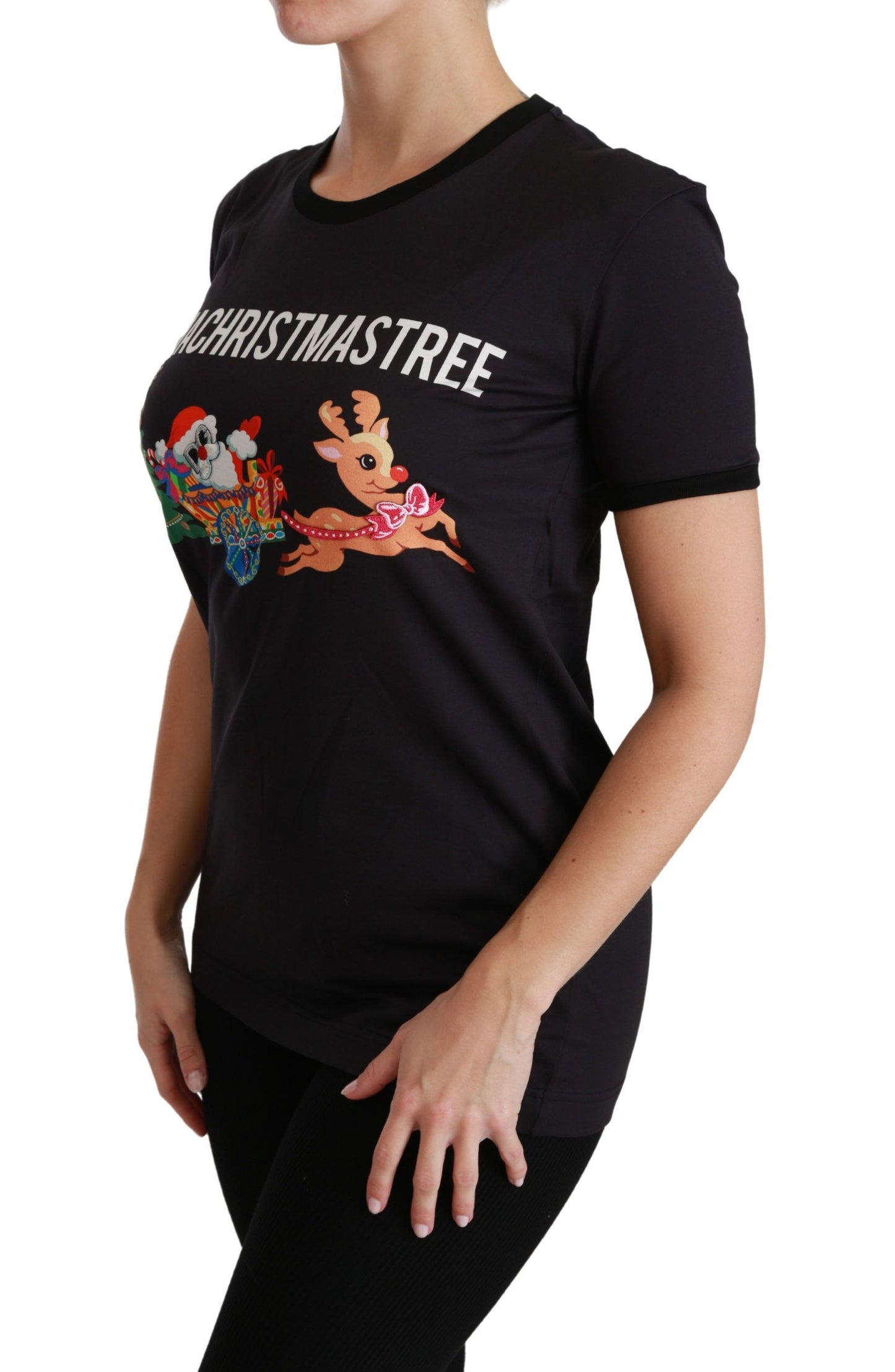 Schwarzes T-Shirt mit Rundhalsausschnitt „#ImAChristmasTree“