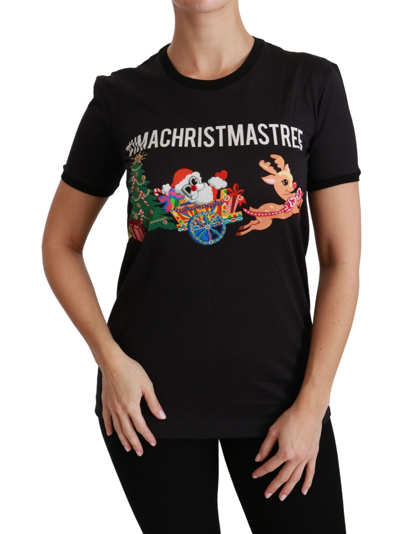 Schwarzes T-Shirt mit Rundhalsausschnitt „#ImAChristmasTree“