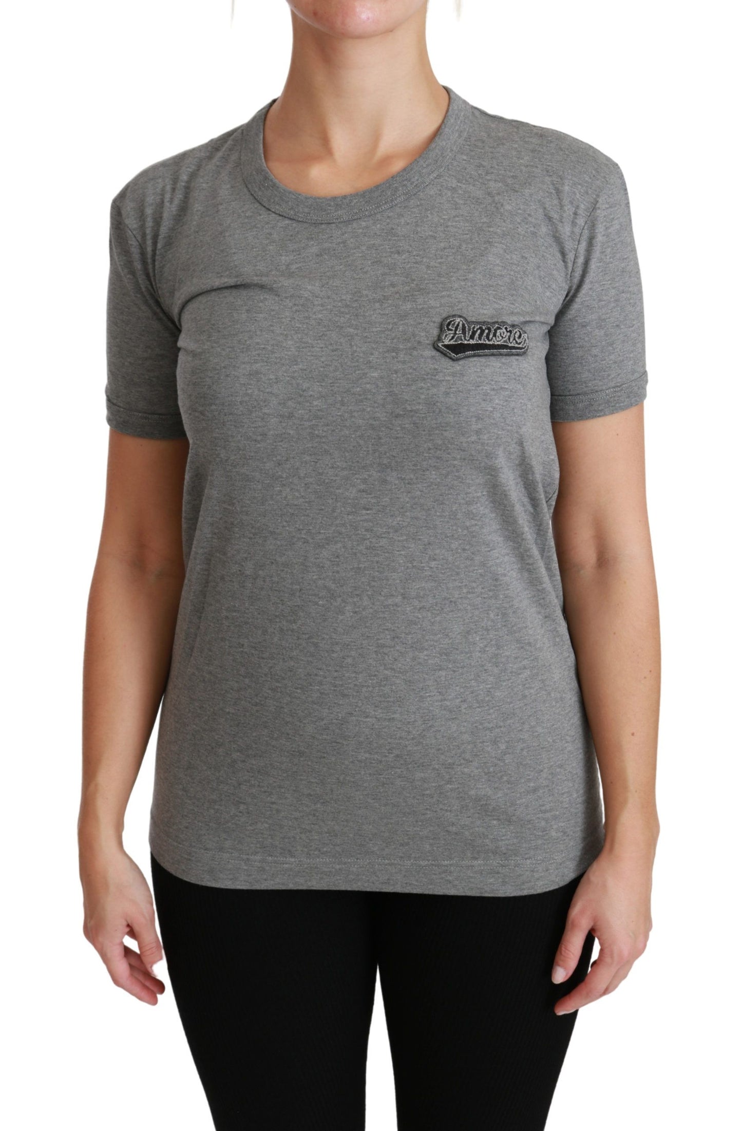 Graues T-Shirt aus Baumwolle mit Rundhalsausschnitt und Amore-Patch