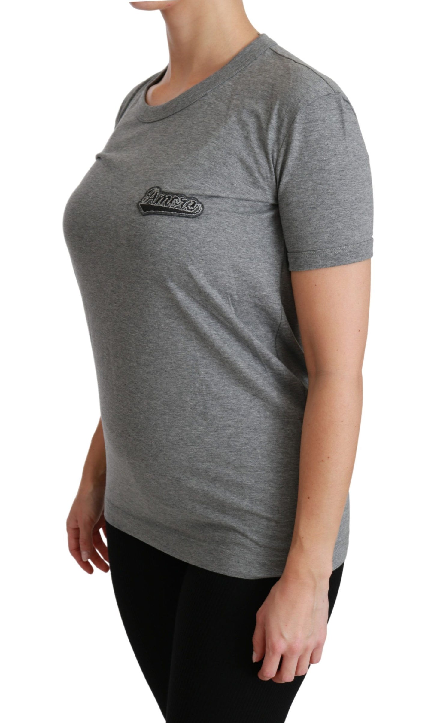 Graues T-Shirt aus Baumwolle mit Rundhalsausschnitt und Amore-Patch