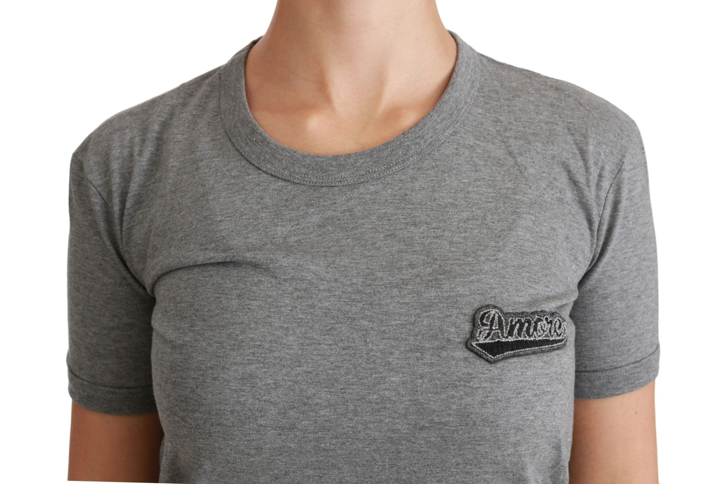 Graues T-Shirt aus Baumwolle mit Rundhalsausschnitt und Amore-Patch
