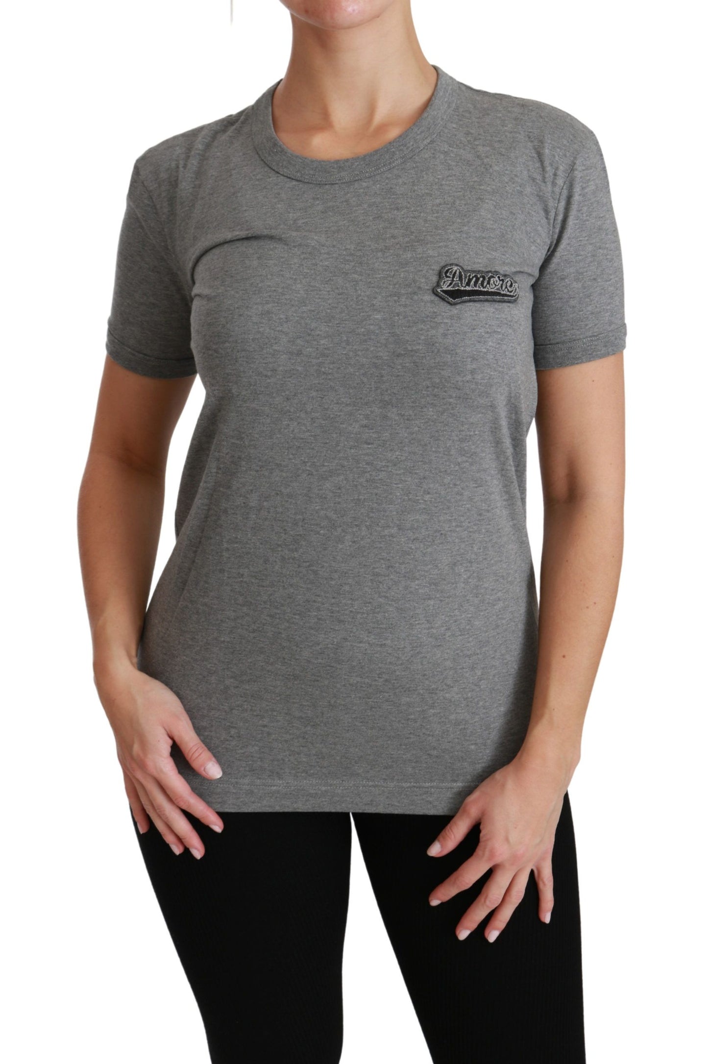 Graues T-Shirt aus Baumwolle mit Rundhalsausschnitt und Amore-Patch