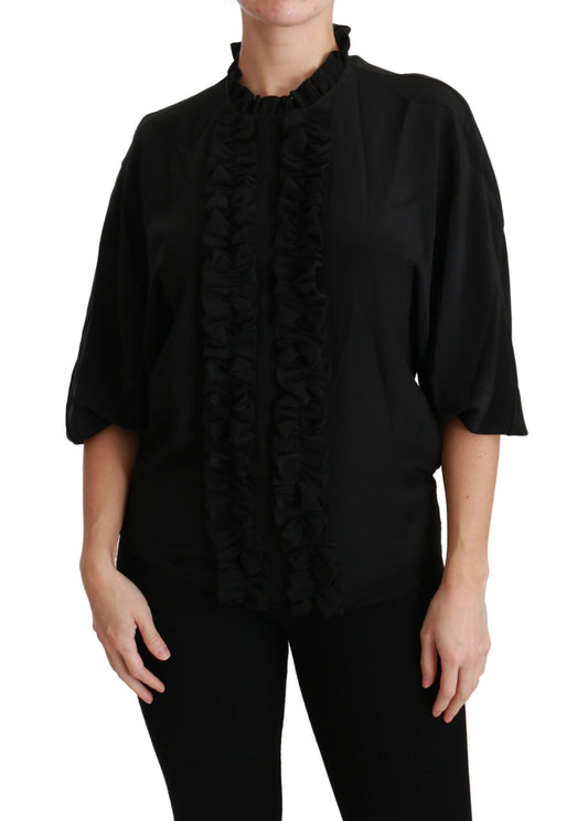 Schwarze Seidenbluse mit Rüschen
