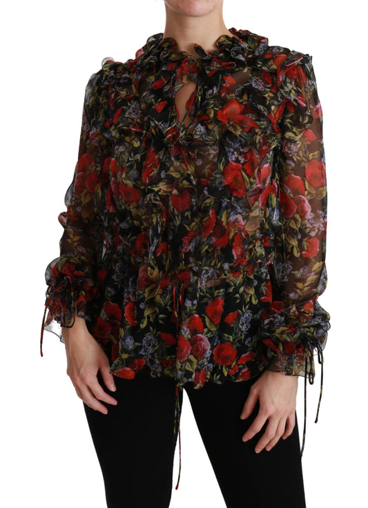 Schwarze Bluse mit Blumenmuster und Rosenmuster, Seidentop