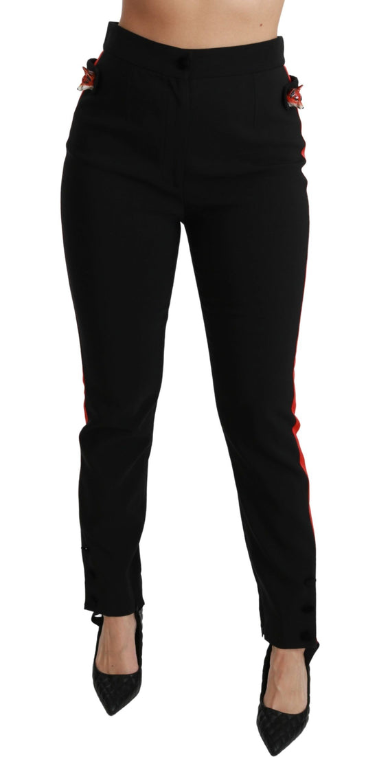 Schwarze Skinny Stretch-Baumwollhose mit Fuchskopf