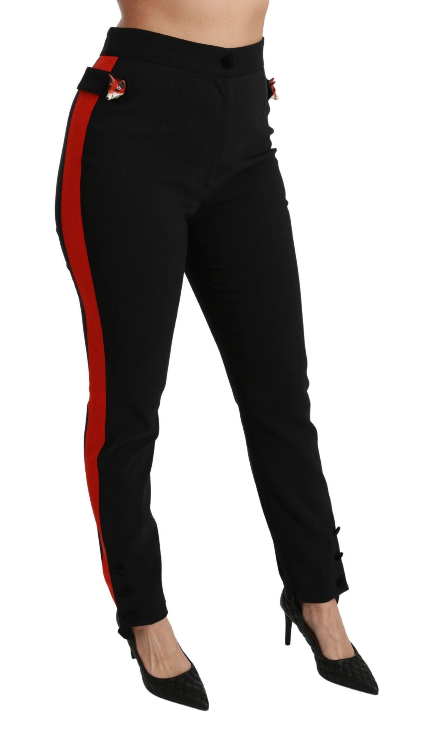 Schwarze Skinny Stretch-Baumwollhose mit Fuchskopf