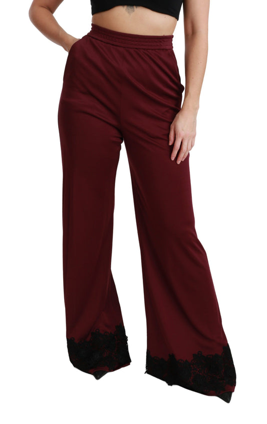 Schwarze, kastanienbraune Hose mit hoher Taille und weitem Bein aus Spitze