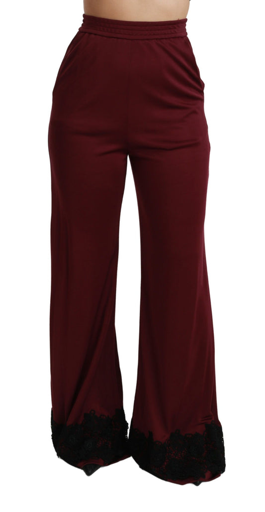 Schwarze, kastanienbraune Hose mit hoher Taille und weitem Bein aus Spitze