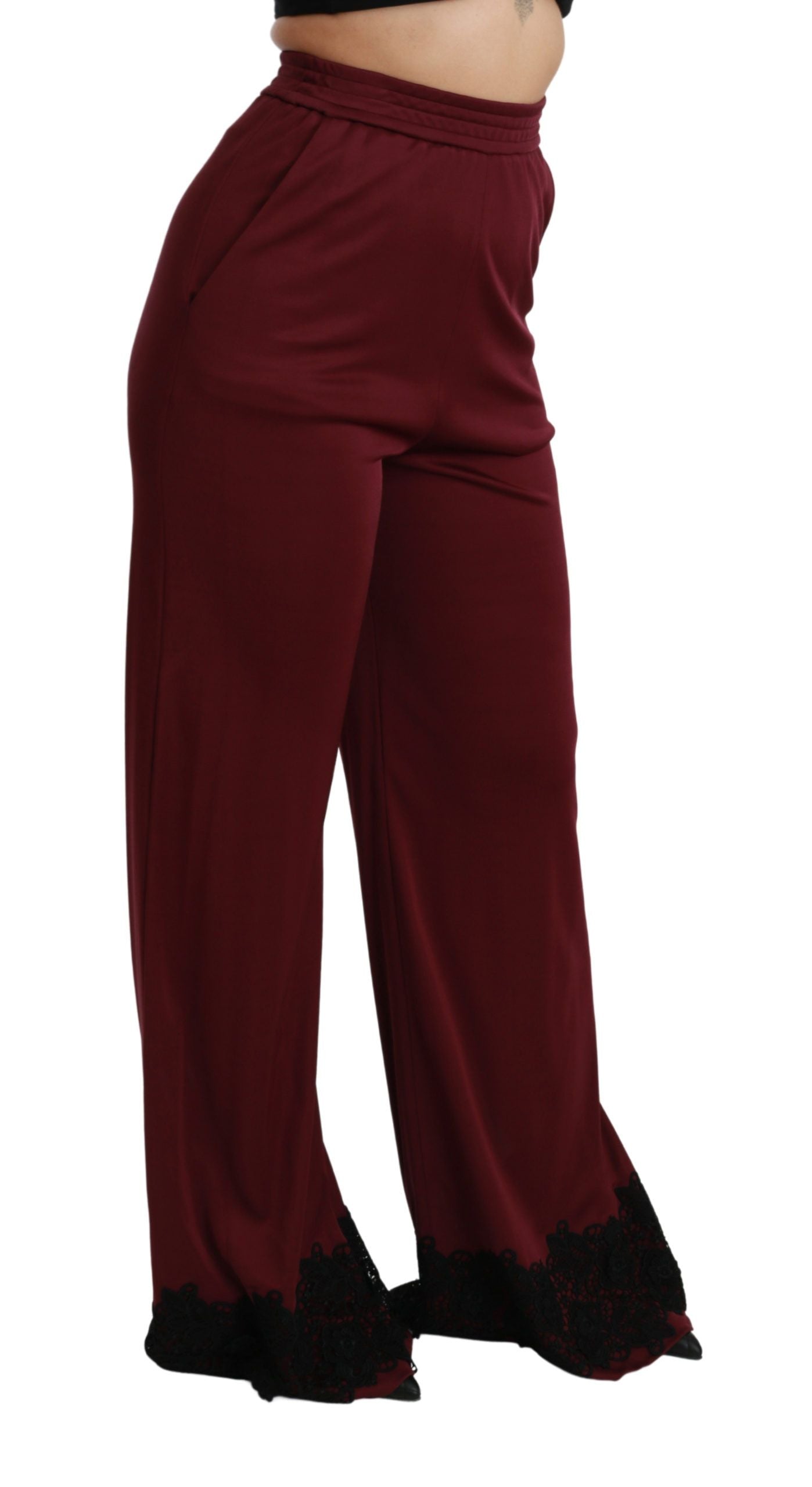Schwarze, kastanienbraune Hose mit hoher Taille und weitem Bein aus Spitze