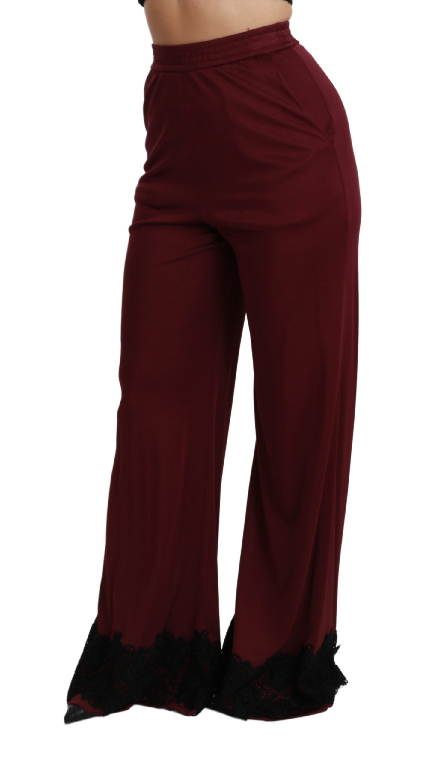 Schwarze, kastanienbraune Hose mit hoher Taille und weitem Bein aus Spitze